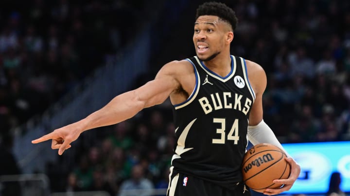 Milwaukee Bucks forward Giannis Antetokounmpo (34) calls a play in the second quarter against the Boston Celtics at Fiserv Forum. 