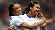 Jul 25, 2024; Nice, France; Mallory Swanson of United States celebrates scoring a goal with Sophia Smith against Zambia in a women's Group B match during the Paris 2024 Olympic Summer Games at Allianz Riviera. Mandatory Credit: Raquel Cunha/Reuters via Imagn Images
