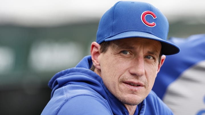 May 21, 2024; Chicago, Illinois, USA; Chicago Cubs manager Craig Counsell (30) looks on from dugout before a baseball game against the Atlanta Braves at Wrigley Field. Mandatory Credit: Kamil Krzaczynski-USA TODAY Sports
