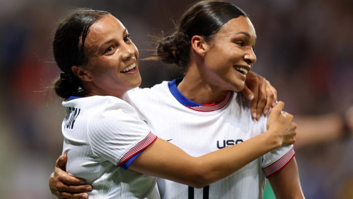 Jul 25, 2024; Nice, France; Mallory Swanson of United States celebrates scoring a goal with Sophia Smith against Zambia in a women's Group B match during the Paris 2024 Olympic Summer Games at Allianz Riviera.