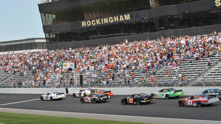 May 4, 2008; Rockingham, NC, USA; ARCA RE/MAX Series driver Joey Logano (25) leads the field to the green flag to begin the Carolina 500 at the Rockingham Speedway. Mandatory Credit: USA TODAY Sports