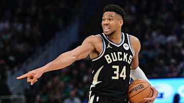 Apr 9, 2024; Milwaukee, Wisconsin, USA; Milwaukee Bucks forward Giannis Antetokounmpo (34) calls a play in the second quarter against the Boston Celtics at Fiserv Forum.