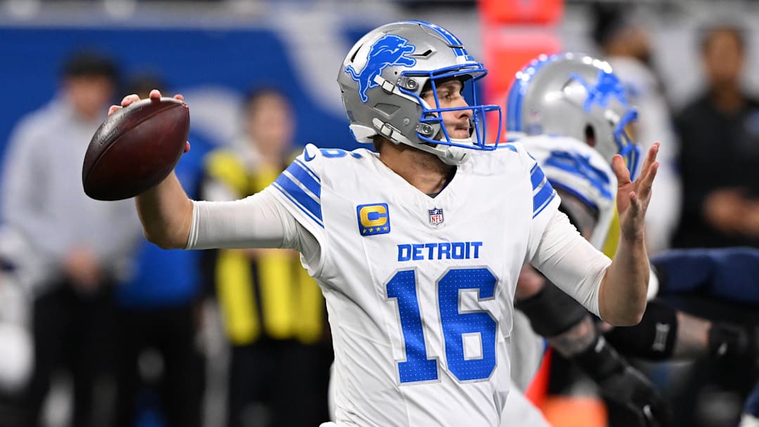 Dec 4, 2025; Detroit, Michigan, USA; Detroit Lions quarterback Jared Goff (16) throws during the second half against the Dallas Cowboys at Ford Field. 