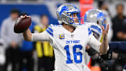 Dec 4, 2025; Detroit, Michigan, USA; Detroit Lions quarterback Jared Goff (16) throws during the second half against the Dallas Cowboys at Ford Field. 