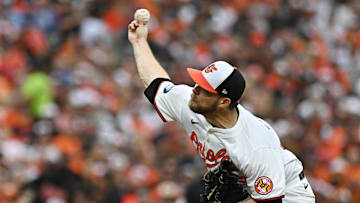 Oct 1, 2024; Baltimore, Maryland, USA; Baltimore Orioles pitcher Corbin Burnes (39) throws a pitch in the second inning against the Kansas City Royals in game one of the Wild Card round for the 2024 MLB Playoffs at Oriole Park at Camden Yards. Mandatory Credit: Tommy Gilligan-Imagn Images