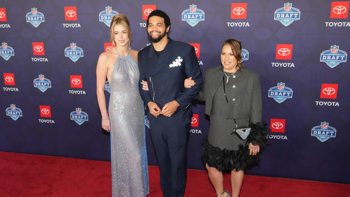 Caleb Williams, his mother Dayne Price, and girlfriend Alina Thyregod accompany him to the draft. Williams and his girlfriend are  vacationing in Europe.