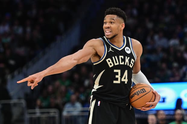 Milwaukee Bucks forward Giannis Antetokounmpo (34) calls a play in the second quarter against the Boston Celtics last season.