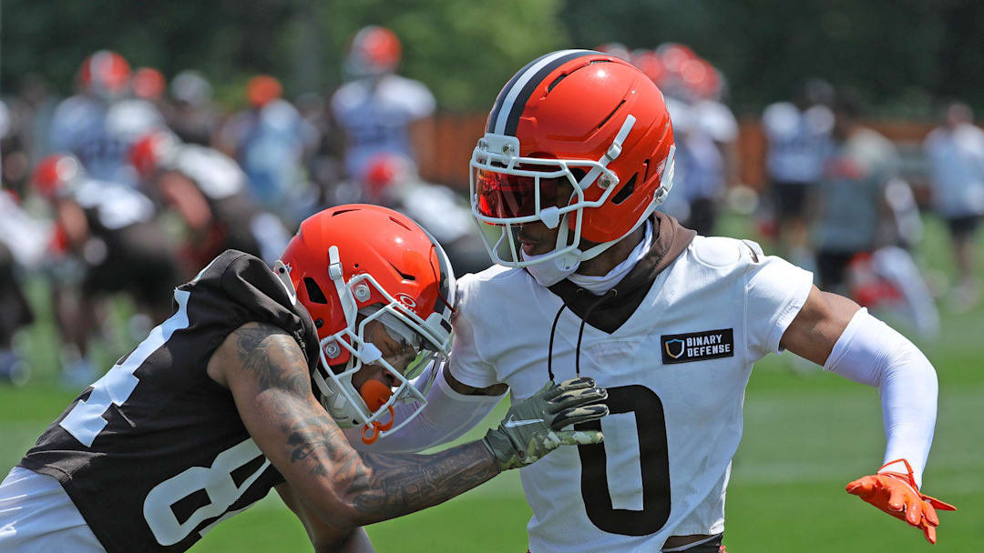 Cleveland Browns cornerback Greg Newsome II (0) participates in drills with Cleveland Browns wide receiver Gage Larvadain (84) during practice at NFL minicamp, Wednesday, June 11, 2025, in Berea, Ohio.