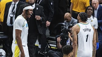 Apr 19, 2025; Indianapolis, Indiana, USA; Indiana Pacers center Myles Turner (33) celebrates a made basket  in the second half against the Milwaukee Bucks at Gainbridge Fieldhouse. Mandatory Credit: Trevor Ruszkowski-Imagn Images