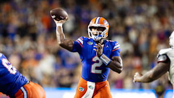 Sep 7, 2024; Gainesville, Florida, USA; Florida Gators quarterback DJ Lagway (2) throws the ball against the Samford Bulldogs during the second half at Ben Hill Griffin Stadium. Mandatory Credit: Matt Pendleton-Imagn Images