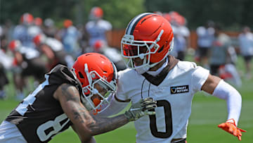 Cleveland Browns cornerback Greg Newsome II (0) participates in drills with Cleveland Browns wide receiver Gage Larvadain (84) during practice at NFL minicamp, Wednesday, June 11, 2025, in Berea, Ohio.