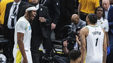 Apr 19, 2025; Indianapolis, Indiana, USA; Indiana Pacers center Myles Turner (33) celebrates a made basket  in the second half against the Milwaukee Bucks at Gainbridge Fieldhouse. Mandatory Credit: Trevor Ruszkowski-Imagn Images