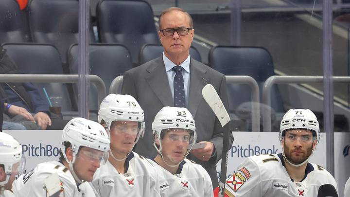 Mar 28, 2026; Elmont, New York, USA; Florida Panthers head coach Paul Maurice coaches against the New York Islanders during the first period at UBS Arena. Mandatory Credit: Brad Penner-Imagn Images