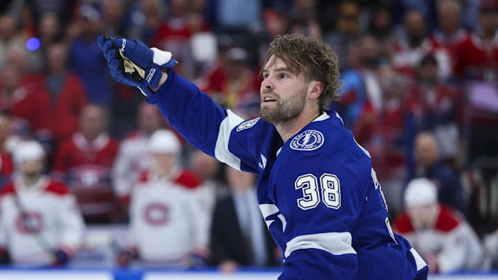 Apr 21, 2026; Tampa, Florida, USA; Tampa Bay Lightning left wing Brandon Hagel (38) reacts to the crowd against the Montreal Canadiens in the first period during game two of the first round of the 2026 Stanley Cup Playoffs at Benchmark International Arena. Mandatory Credit: Nathan Ray Seebeck-Imagn Images