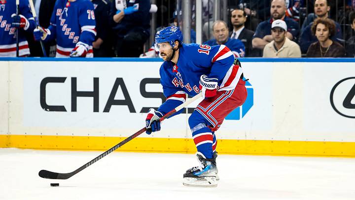 Mar 16, 2025; New York, New York, USA; New York Rangers center Vincent Trocheck (16) looks to pass against the Edmonton Oilers during the second period at Madison Square Garden. Mandatory Credit: Danny Wild-Imagn Images