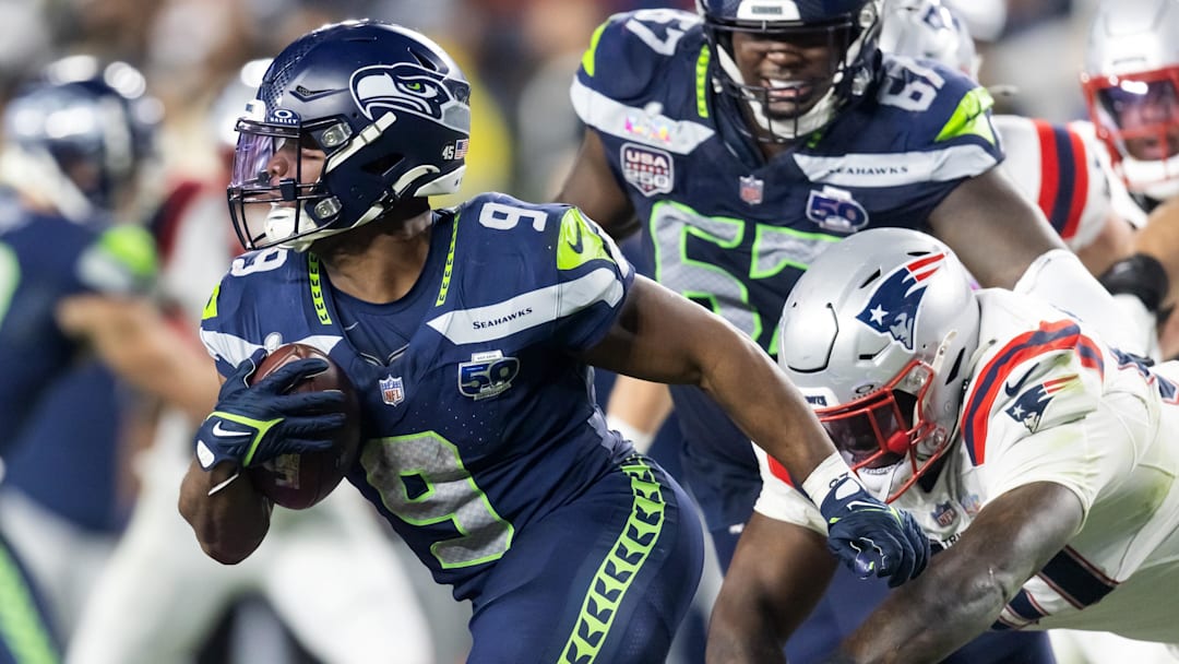 Feb 8, 2026; Santa Clara, CA, USA; Seattle Seahawks running back Kenneth Walker III (9) against the New England Patriots during Super Bowl LX at Levi's Stadium. Mandatory Credit: Mark J. Rebilas-Imagn Images