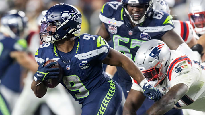 Feb 8, 2026; Santa Clara, CA, USA; Seattle Seahawks running back Kenneth Walker III (9) against the New England Patriots during Super Bowl LX at Levi's Stadium. Mandatory Credit: Mark J. Rebilas-Imagn Images