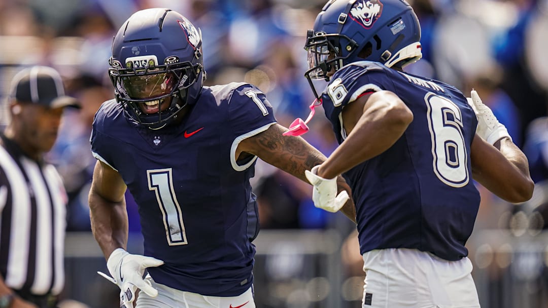 Connecticut Huskies wide receiver Skyler Bell (1) reacts after his touchdown against the Central Connecticut State Blue Devils.