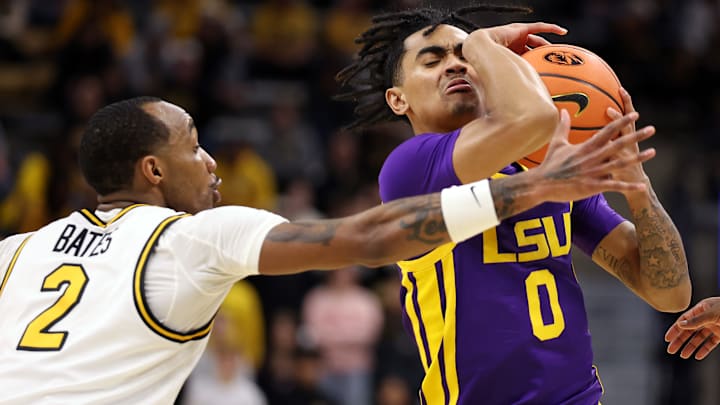 Missouri Tigers guard Tamar Bates (2), steals the ball out of LSU guard Vyctorius Miller's (0) hands in a game this season.