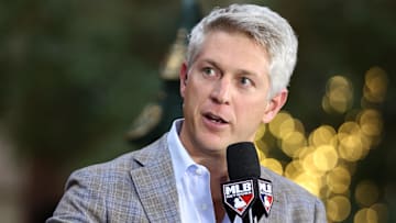 Dec 10, 2024; Dallas, TX, USA; Baltimore Orioles executive vice president and general manager Mike Elias talks on the set of MLB Network at the Hilton Anatole during the 2024 MLB Winter Meetings