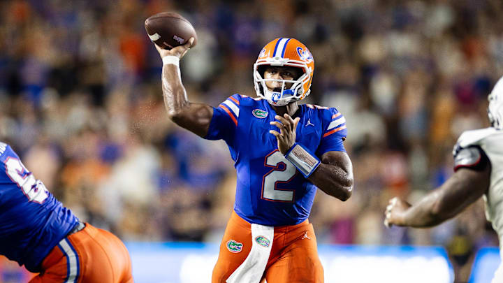 Sep 7, 2024; Gainesville, Florida, USA; Florida Gators quarterback DJ Lagway (2) throws the ball against the Samford Bulldogs during the second half at Ben Hill Griffin Stadium. Mandatory Credit: Matt Pendleton-Imagn Images