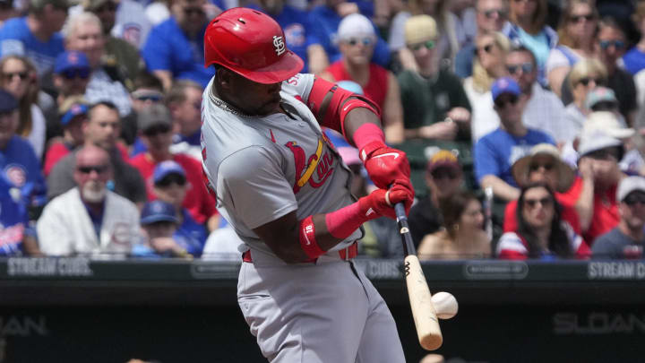 Mar 26, 2024; Mesa, Arizona, USA; St. Louis Cardinals right fielder Jordan Walker (18) hits against the Chicago Cubs in the first inning at Sloan Park. Mandatory Credit: Rick Scuteri-USA TODAY Sports