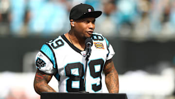 Former Carolina Panthers wide receiver Steve Smith Sr. speaks during the Hall of Honor ceremony during halftime against the Jacksonville Jaguars at Bank of America Stadium.