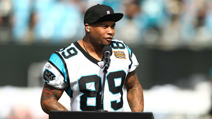 Former Carolina Panthers wide receiver Steve Smith Sr. speaks during the Hall of Honor ceremony during halftime against the Jacksonville Jaguars at Bank of America Stadium.