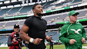 Oct 26, 2025; Philadelphia, Pennsylvania, USA; Philadelphia Eagles running back Saquon Barkley (26) leaves the field after the game against the New York Giants at Lincoln Financial Field. Mandatory Credit: Eric Hartline-Imagn Images