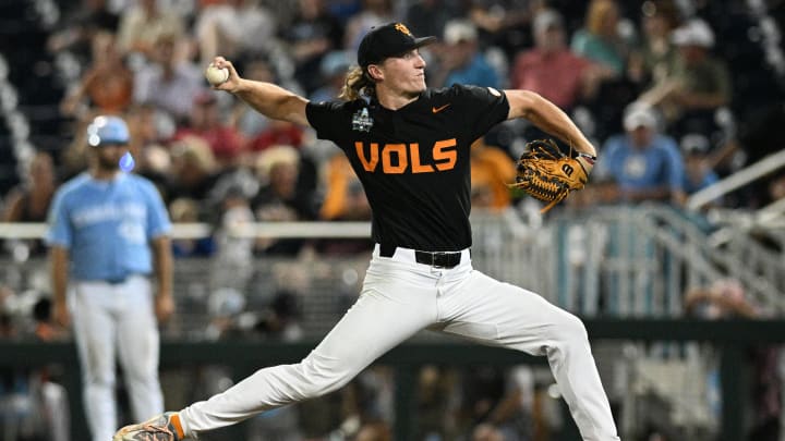 Jun 16, 2024; Omaha, NE, USA; Tennessee Volunteers relief pitcher Nate Snead (7) throws against the North Carolina Tar Heels during the ninth inning at Charles Schwab Field Omaha. Mandatory Credit: Steven Branscombe-USA TODAY Sports