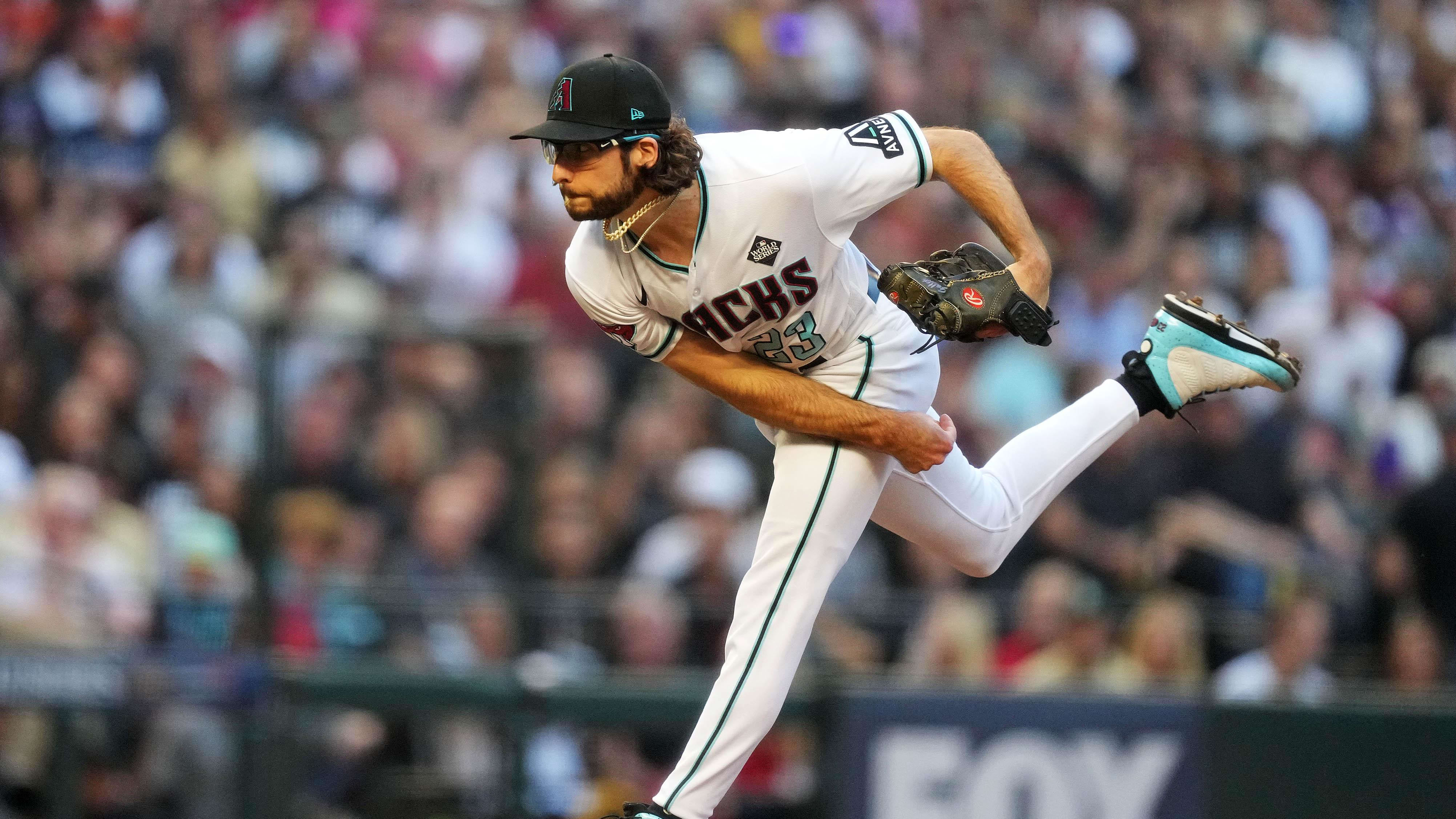 Arizona Diamondbacks starting pitcher Zac Gallen faces off against the Texas Rangers in Game 5 of the 2023 World Series.