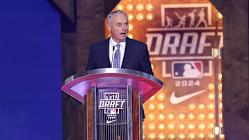 Jul 14, 2024; Ft. Worth, TX, USA;  MLB Commissioner Rob Manfred during the first round of the MLB Draft at Cowtown Coliseum. 