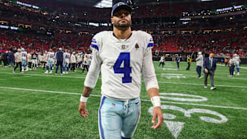 Dallas Cowboys quarterback Dak Prescott (4) walks off the field after a game against the Atlanta Falcons at Mercedes-Benz Stadium.