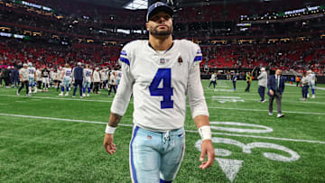 Nov 3, 2024; Atlanta, Georgia, USA; Dallas Cowboys quarterback Dak Prescott (4) walks off the field after a game against the Atlanta Falcons at Mercedes-Benz Stadium. Mandatory Credit: Brett Davis-Imagn Images