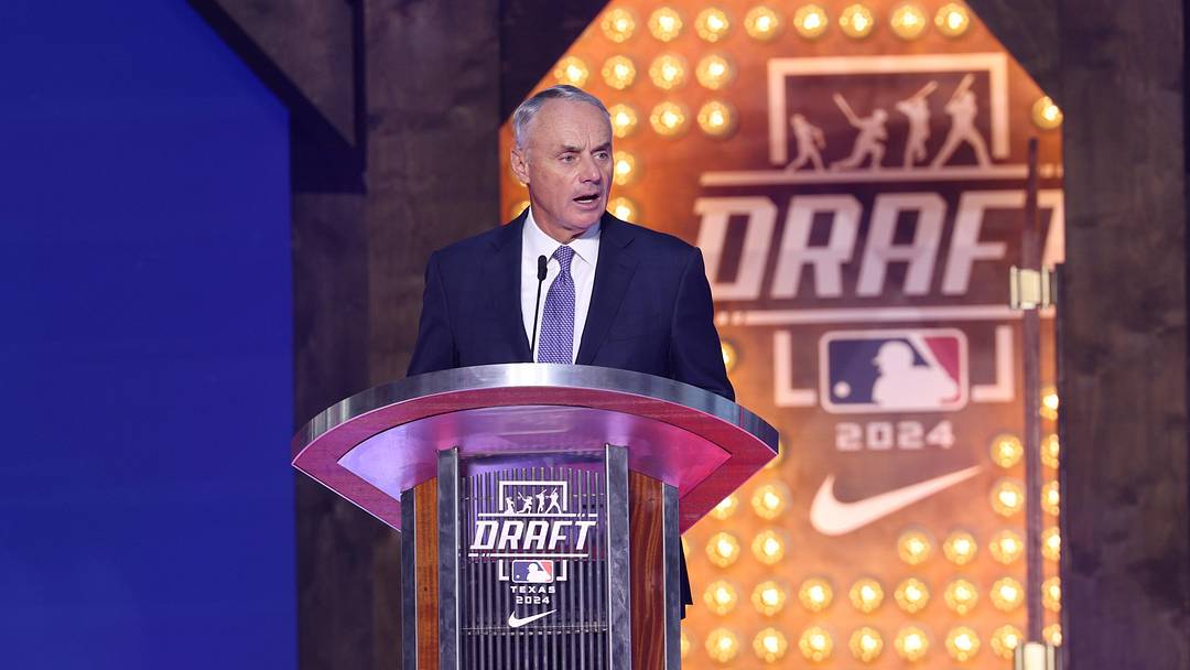 Jul 14, 2024; Ft. Worth, TX, USA; MLB Commissioner Rob Manfred during the first round of the MLB Draft at Cowtown Coliseum. Jul 14, 2024; Ft. Worth, TX, USA; MLB Commissioner Rob Manfred during the first round of the MLB Draft at Cowtown Coliseum.