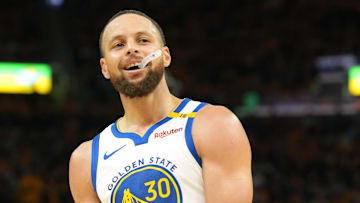 Apr 26, 2025; San Francisco, California, USA; Golden State Warriors guard Stephen Curry (30) stands on the court against the Houston Rockets during the fourth quarter of game three of first round for the 2024 NBA Playoffs at Chase Center. Mandatory Credit: Darren Yamashita-Imagn Images