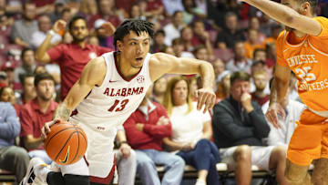 Dec 29, 2021; Tuscaloosa, Alabama, USA; Alabama Crimson Tide guard Jahvon Quinerly (13) drives to