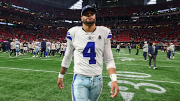 Nov 3, 2024; Atlanta, Georgia, USA; Dallas Cowboys quarterback Dak Prescott (4) walks off the field after a game against the Atlanta Falcons at Mercedes-Benz Stadium. Mandatory Credit: Brett Davis-Imagn Images
