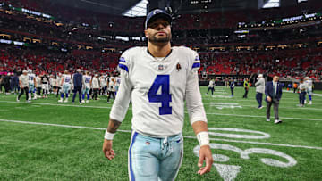 Nov 3, 2024; Atlanta, Georgia, USA; Dallas Cowboys quarterback Dak Prescott (4) walks off the field after a game against the Atlanta Falcons at Mercedes-Benz Stadium. Mandatory Credit: Brett Davis-Imagn Images