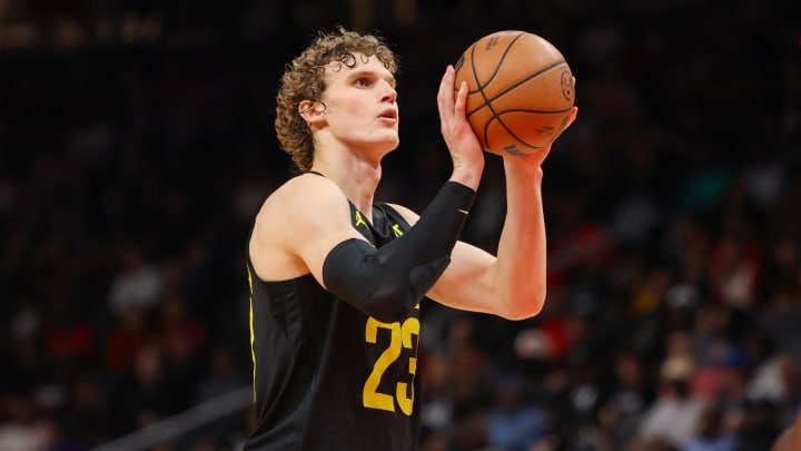 Feb 27, 2024; Atlanta, Georgia, USA; Utah Jazz forward Lauri Markkanen (23) shoots a free throw against the Atlanta Hawks in the second half at State Farm Arena. Mandatory Credit: Brett Davis-USA TODAY Sports