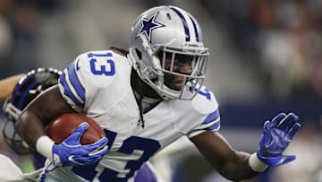 Nov 20, 2016; Arlington, TX, USA; Dallas Cowboys wide receiver Lucky Whitehead (13) runs the ball after fielding a punt in the third quarter against the Baltimore Ravens at AT&T Stadium.