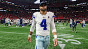 Nov 3, 2024; Atlanta, Georgia, USA; Dallas Cowboys quarterback Dak Prescott (4) walks off the field after a game against the Atlanta Falcons at Mercedes-Benz Stadium. Mandatory Credit: Brett Davis-Imagn Images