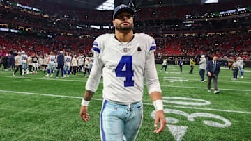 Nov 3, 2024; Atlanta, Georgia, USA; Dallas Cowboys quarterback Dak Prescott (4) walks off the field after a game against the Atlanta Falcons at Mercedes-Benz Stadium. Mandatory Credit: Brett Davis-Imagn Images
