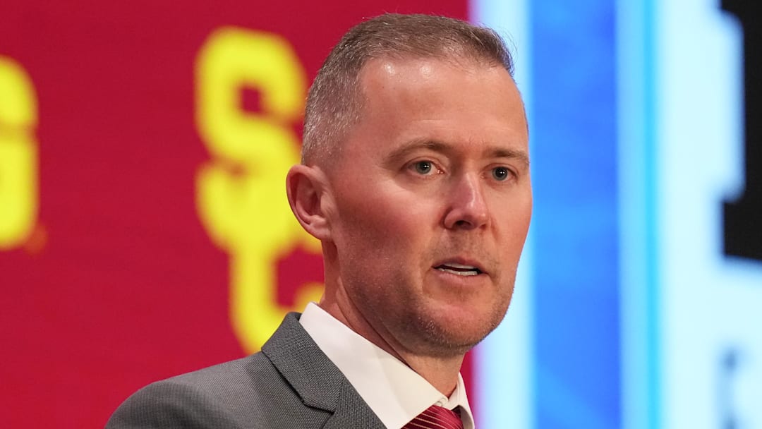 Jul 24, 2025; Las Vegas, NV, USA; USC head coach Lincoln Riley speaks to the media during the Big Ten NCAA college football media days at Mandalay Bay Resort. Mandatory Credit: Lucas Peltier-Imagn Images
