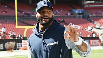 Sep 8, 2024; Cleveland, Ohio, USA; Dallas Cowboys quarterback Dak Prescott (4) runs off the field before the game between the Cleveland Browns and the Cowboys at Huntington Bank Field. Mandatory Credit: Ken Blaze-Imagn Images