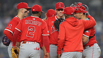 Angels manager Ron Washington (37) has a meeting at the mound with starting pitcher Kyle Hendricks (28) and the infielders during the sixth inning against the New York Yankees at Yankee Stadium on June 17.