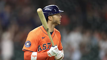 May 13, 2025; Houston, Texas, USA; Houston Astros shortstop Jeremy Pena (3) reacts to his home run against the Kansas City Royals in the sixth inning at Daikin Park. 