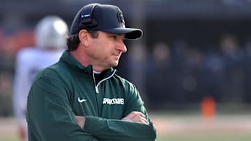 Nov 16, 2024; Champaign, Illinois, USA;  Michigan State Spartans head coach Jonathan Smith during the first half against the Illinois Fighting Illini  at Memorial Stadium. Mandatory Credit: Ron Johnson-Imagn Images