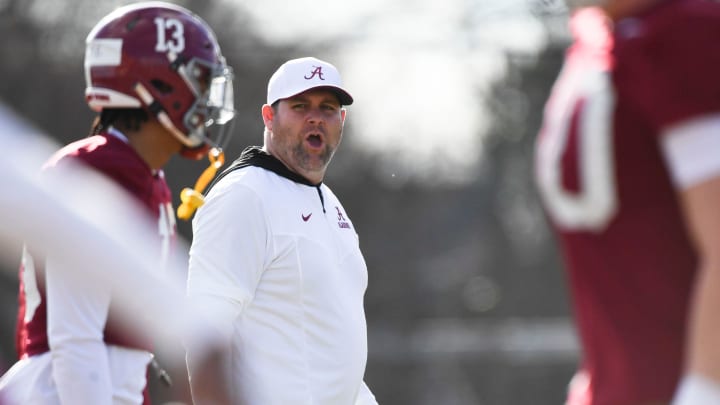 Mar 6, 2024; Tuscaloosa, Alabama, USA; Defensive coordinator Kane Wommack gives directions during practice of the Alabama Crimson Tide football team Wednesday.