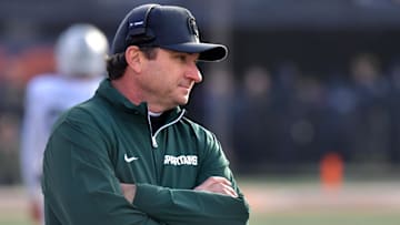 Nov 16, 2024; Champaign, Illinois, USA;  Michigan State Spartans head coach Jonathan Smith during the first half against the Illinois Fighting Illini  at Memorial Stadium. Mandatory Credit: Ron Johnson-Imagn Images